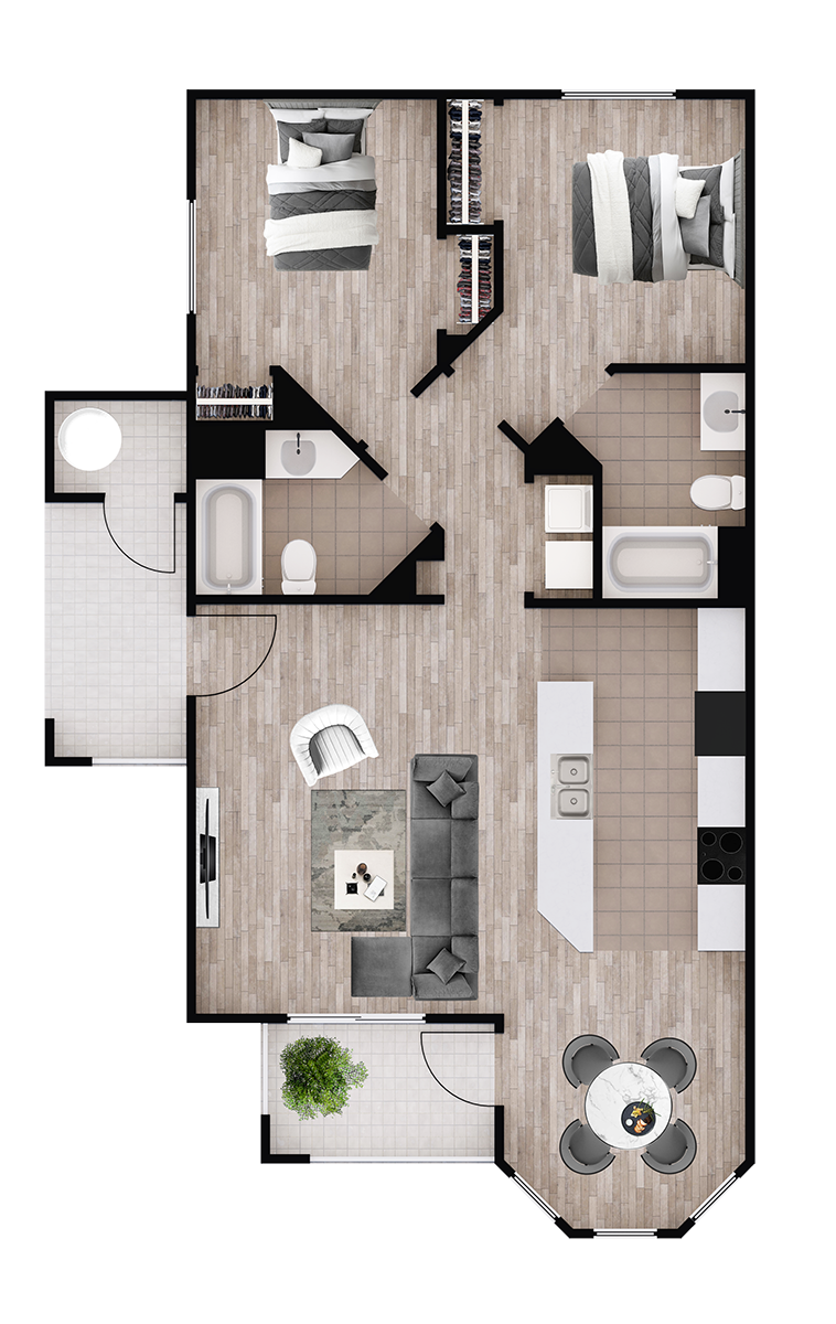 Floor plan for 2 beds, 2 baths, 1079 sqft